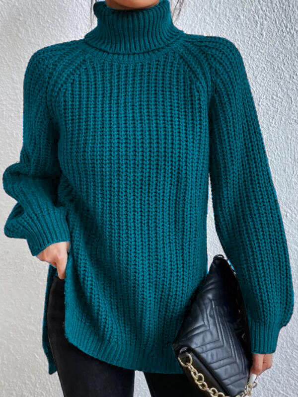 Women's Turtleneck Sweater with Raglan Sleeves and Slit Hem – Cotton Blend