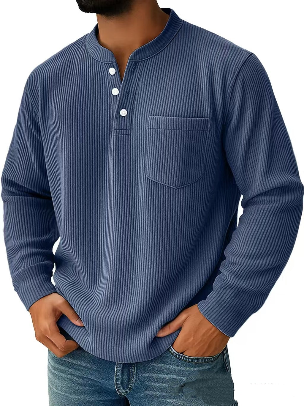 Herren Langarm Henley Shirt mit Drei Knopf Kragen – Strukturierte Oberfläche Normale Passform