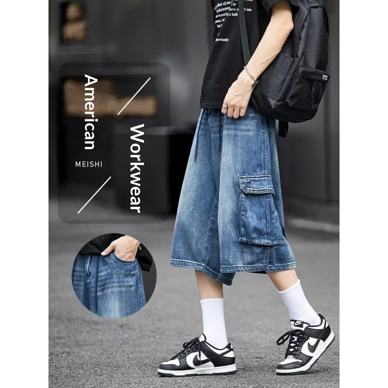 Herren-Jeans-Caprihose, Lockere Passform, Mehrere Taschen, Gerades Bein