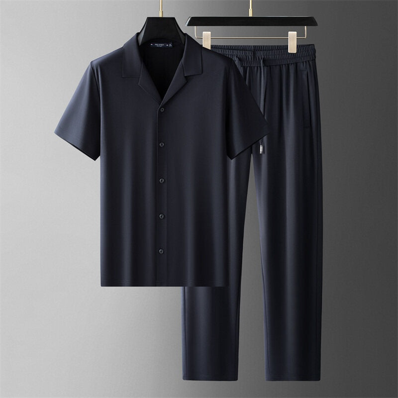 Herren Sommer-Set Aus Eisseide: Zweiteiliges Set Aus Hemd Und Hose, Kurzarm, Freizeit-Set