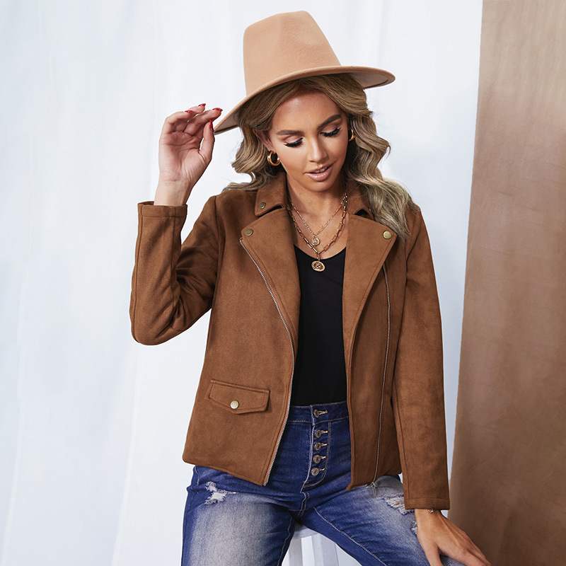 Women's autumn jacket made of faux suede with long sleeves and solid color design
