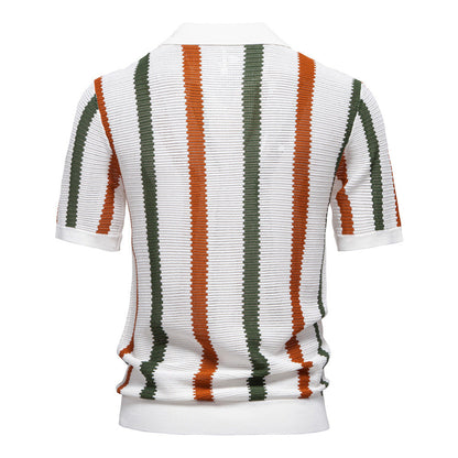 Herren Sommer Gestreifter Kurzarm-Polopullover Mit Lochmuster, Strickmuster, Ideal Für Business Und Pendler
