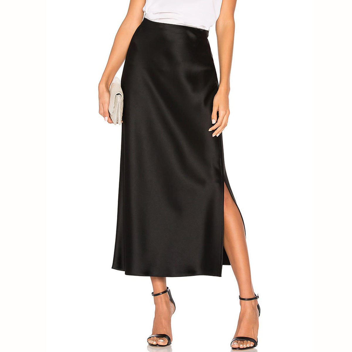 Damen Midirock mit hohem Bund, elastisch, schräger Schlitz