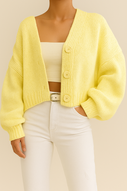 Damen Herbst Strick-Cardigan Kurz Geschnitten mit Puffärmeln und V-Ausschnitt