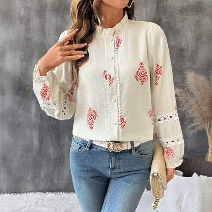 Women's Long-Sleeve Shirt with Ethnic Pattern and Standing Collar