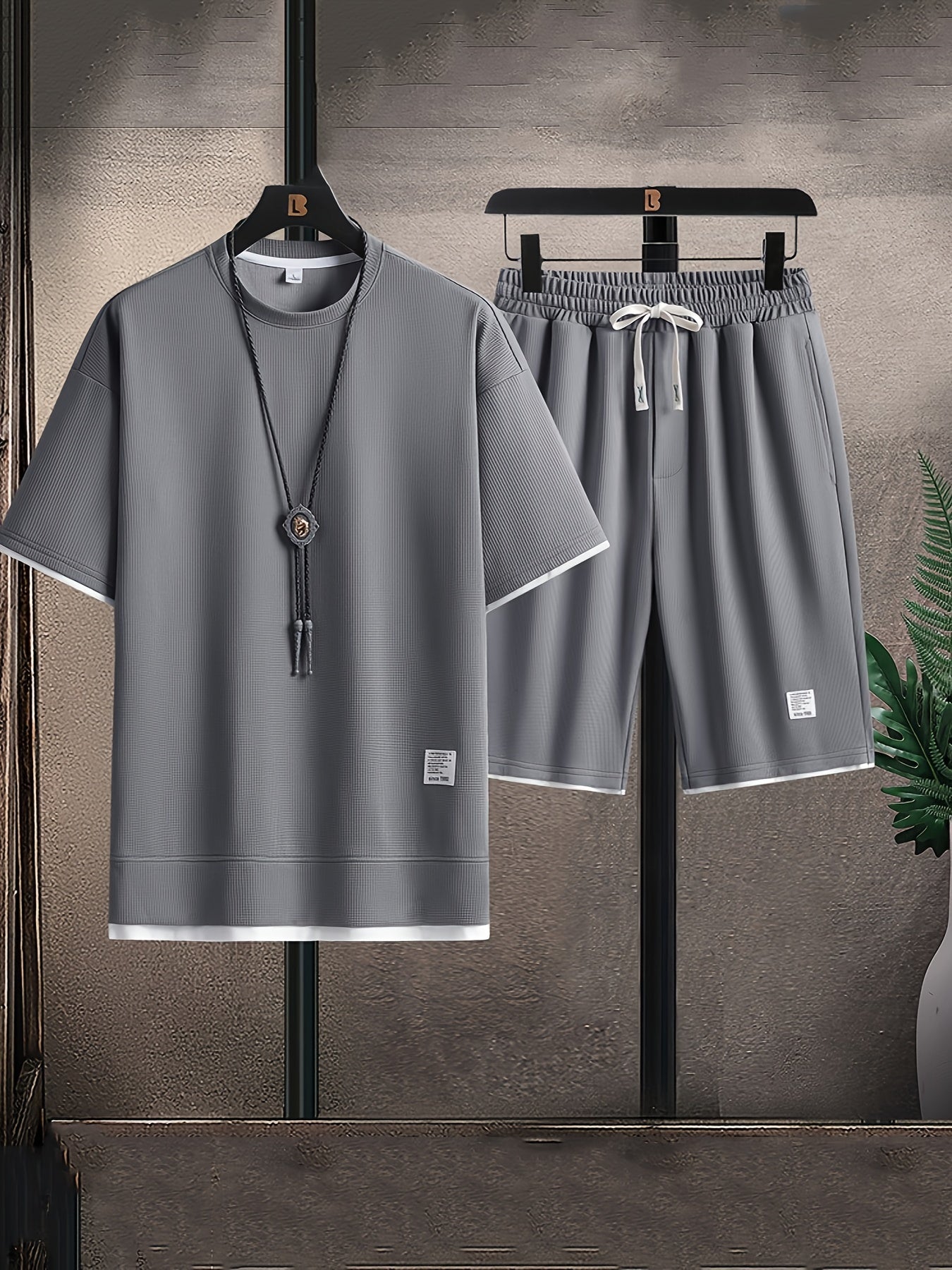 Herren Zweiteiliges Set mit Waffelstruktur T-Shirt und Kordelzug Shorts