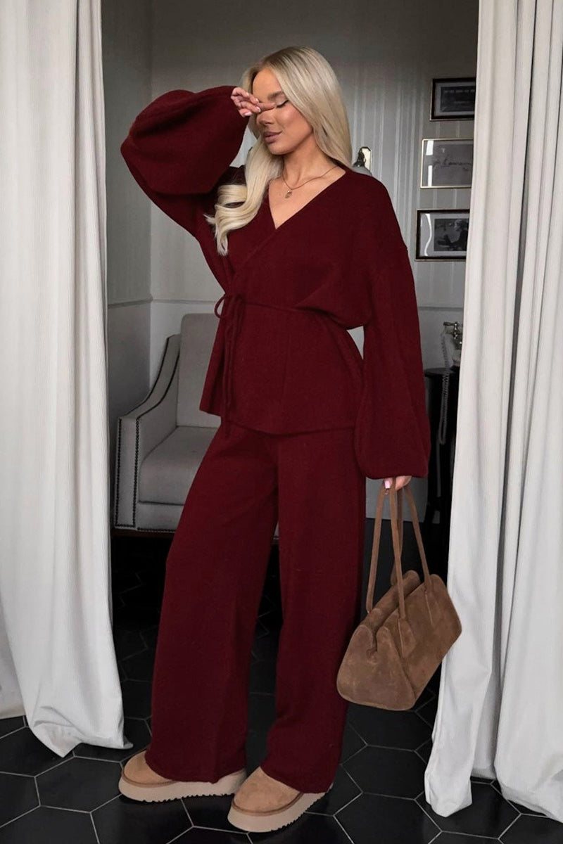 Damen Strickset Mit V Ausschnitt Und Weitem Bein