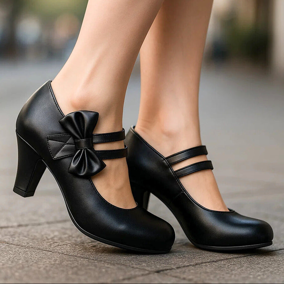Women's High Heels with Double Straps, Oversized Bow, and Block Heel