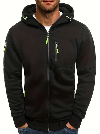 Schwarze Herren-Kapuzenjacke mit Reißverschlüssen und grünen Akzenten, sportlich und modern, ideal für Freizeit und Outdoor-Aktivitäten.