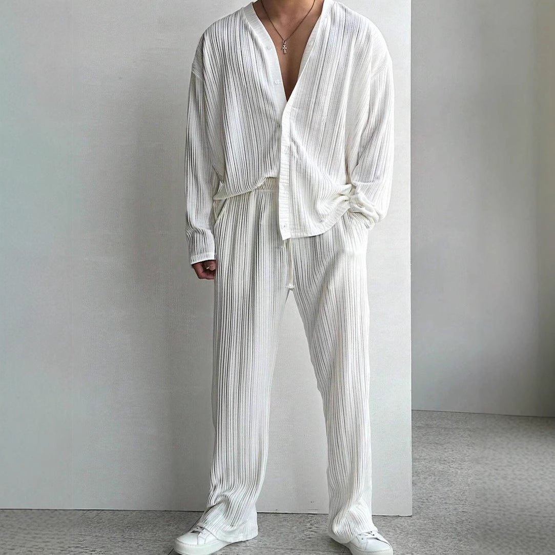 Men's Long-Sleeve Shirt and Pants, Two-Piece Suit, Solid Color, Lightweight, Multicolored