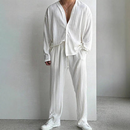 Men's Long-Sleeve Shirt and Pants, Two-Piece Suit, Solid Color, Lightweight, Multicolored