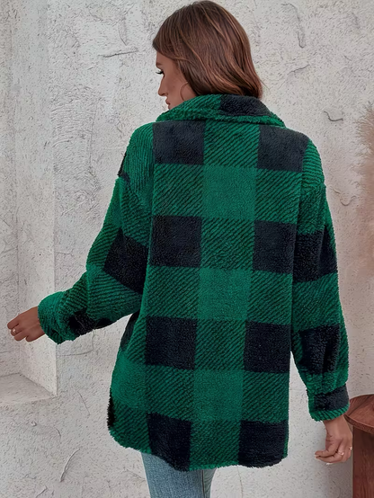 Damen Fleece Cardigan Karomuster Knopfleiste Lockerer Schnitt Langarm – Herbst und Alltag