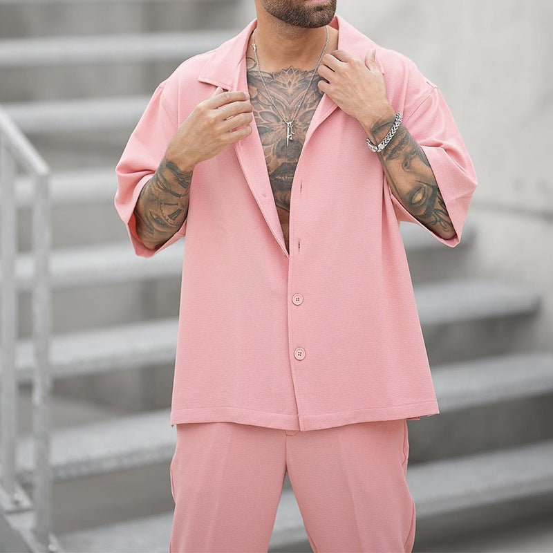 Men's Summer Two-Piece Set Shirt and Pants, Woven, Lightweight, Solid Color, Matching Outfit, Various Sizes