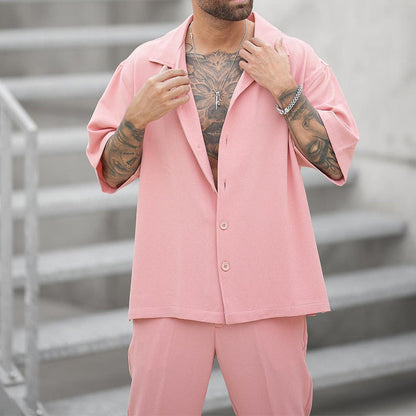Men's Summer Two-Piece Set Shirt and Pants, Woven, Lightweight, Solid Color, Matching Outfit, Various Sizes