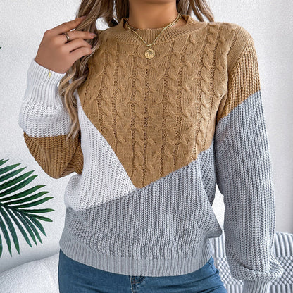 Women's Sweater with Twisted Knit Pattern, Contrasting Colors, and Long Sleeves