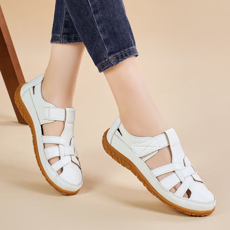 Retro-Sandalen Für Damen Mit Klettverschluss, Flacher Form, Runder Zehenpartie Und Weicher Sohle