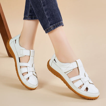 Retro-Sandalen Für Damen Mit Klettverschluss, Flacher Form, Runder Zehenpartie Und Weicher Sohle