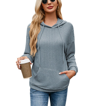 Women's hooded sweater with long sleeves, striped pattern, and kangaroo pocket