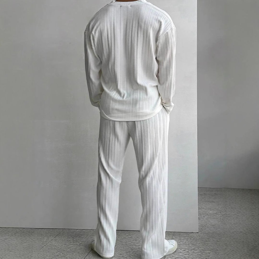 Men's Long-Sleeve Shirt and Pants, Two-Piece Suit, Solid Color, Lightweight, Multicolored