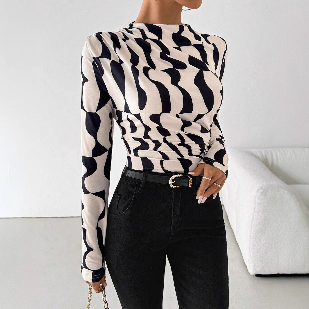 Damen Langarm-Top Mit Stehkragen, Slim-Fit-Passform Und Geometrischem Print