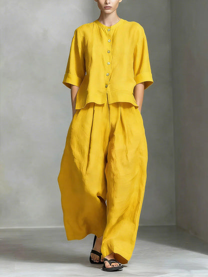 Zweiteiliges Set Aus Damenbluse Im Leinenstil Aus Baumwollmischgewebe Und Locker Sitzender Langer Hose