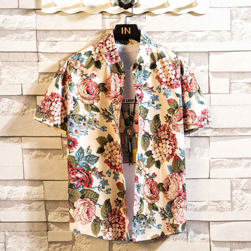 Herren Sommerhemd Mit Blumenmuster, Kurzarm, Reverskragen, Schmaler Passform, Cardigan-Stil, Mehrfarbig