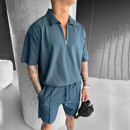 Men's Polo Shirt with Zipper, Drawstring Shorts, Two-Piece Set Made of Cotton Blend, Sporty Casual Outfit for Summer