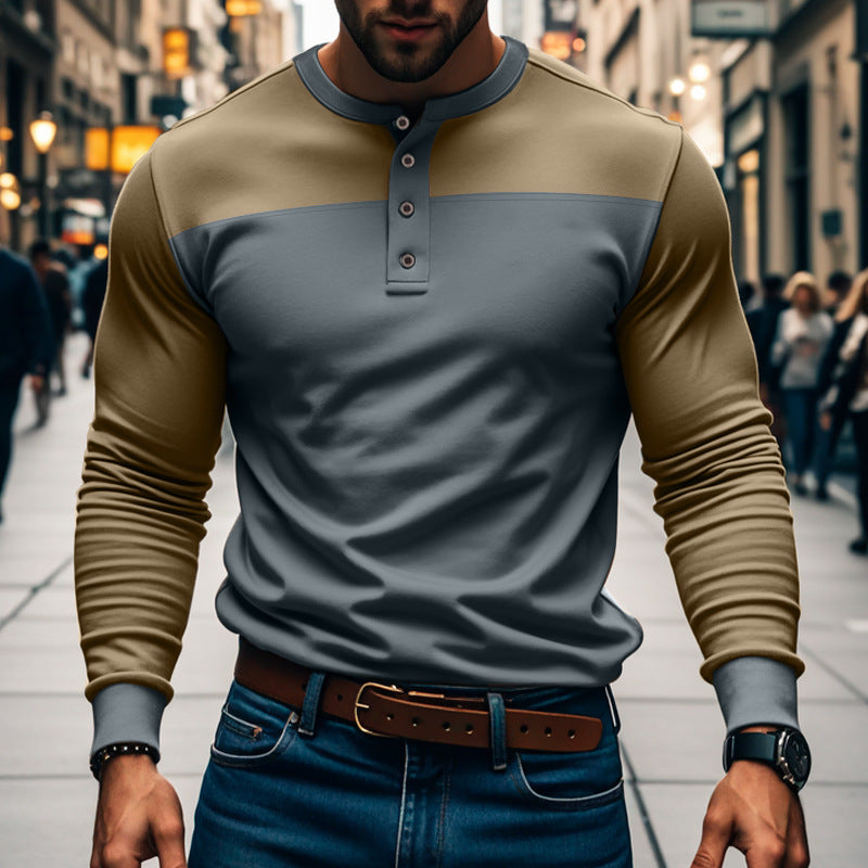 Herren Langarm-Henley-Shirt Color-Block – Baumwoll-Mix