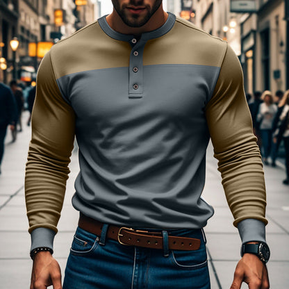 Herren Langarm-Henley-Shirt Color-Block – Baumwoll-Mix