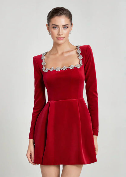 Women's Long Sleeve Velvet Mini Dress Square Neck Floral Details Flared Skirt – Evening and Party Wear