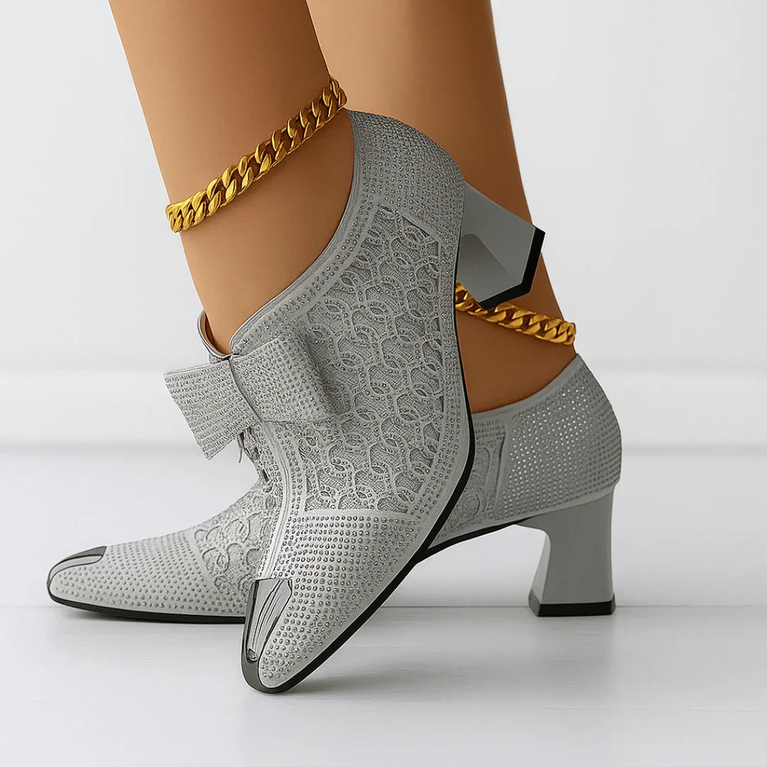 Women's pumps with rhinestone bow, pointed toes, and 6-cm block heel