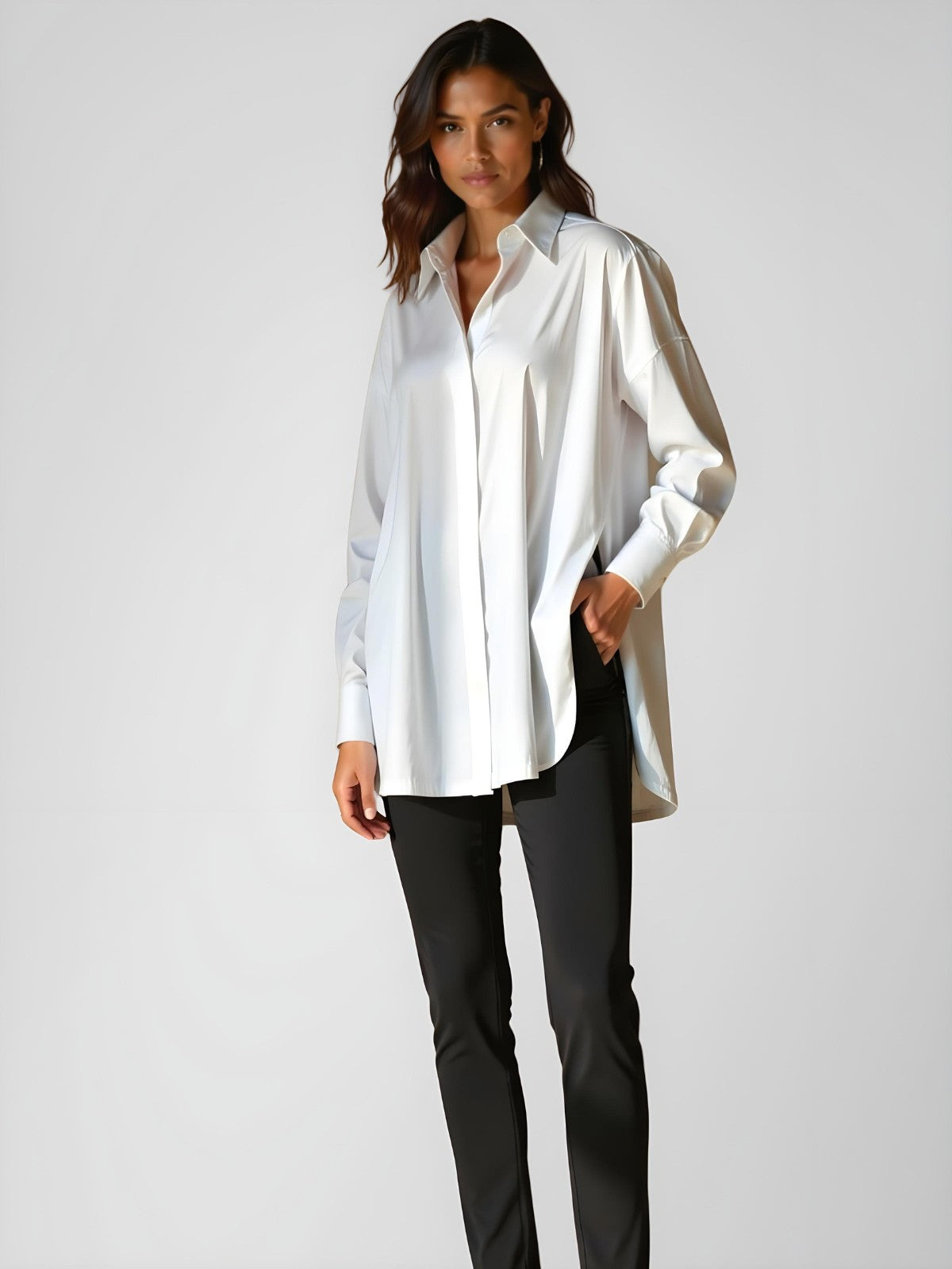 Women's Loose-Fitting Shirt Dress with Turn-Down Collar, Button Placket, and Side Slit