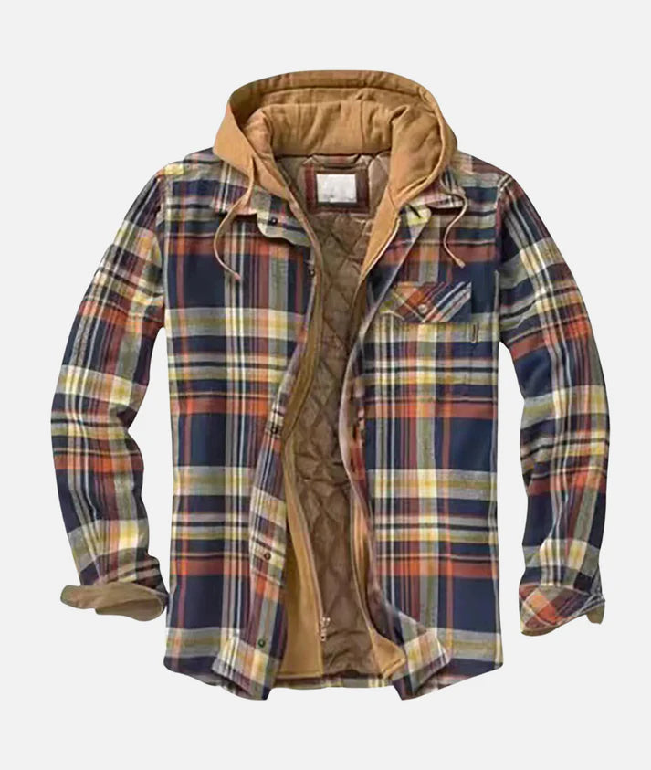 Kariertes Herrenhemd mit Kapuze, gefüttert, in Blau, Rot und Gelb. Perfekt für Herbstmode, warm und stilvoll. Ideal für Outdoor-Aktivitäten.