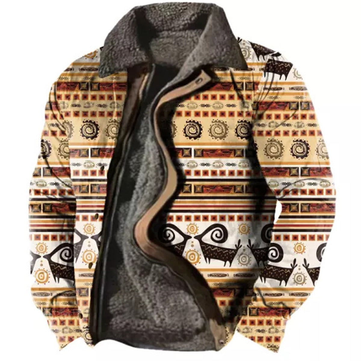 Bunte Herrenjacke mit Ethno-Muster, Lammfellfutter und Reißverschluss. Ideal für Herbstmode, warm und stilvoll. Perfekt für trendbewusste Männer.