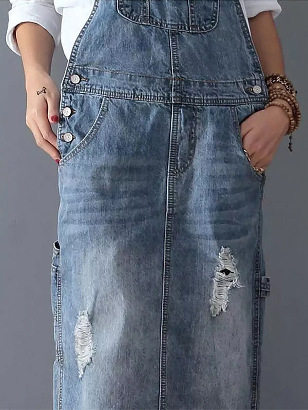 Damen Jeans-Latzkleid, knöchellang, mit Taschen und Knopfleiste, modisch zerrissen, lässiger Stil, ideal für Freizeitmode und Streetwear.