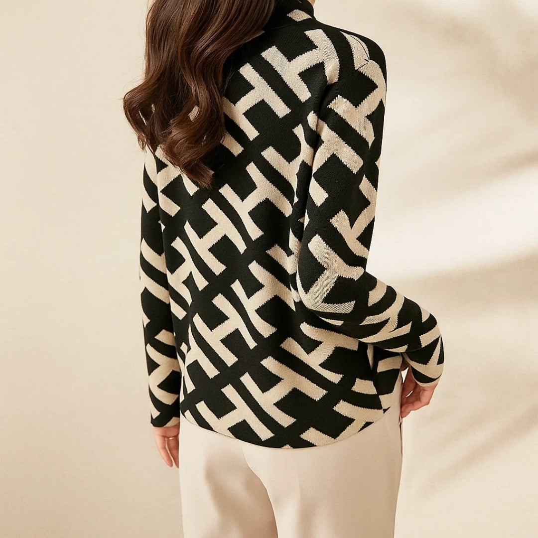 Women's Sweater with High Collar and Graphic Pattern