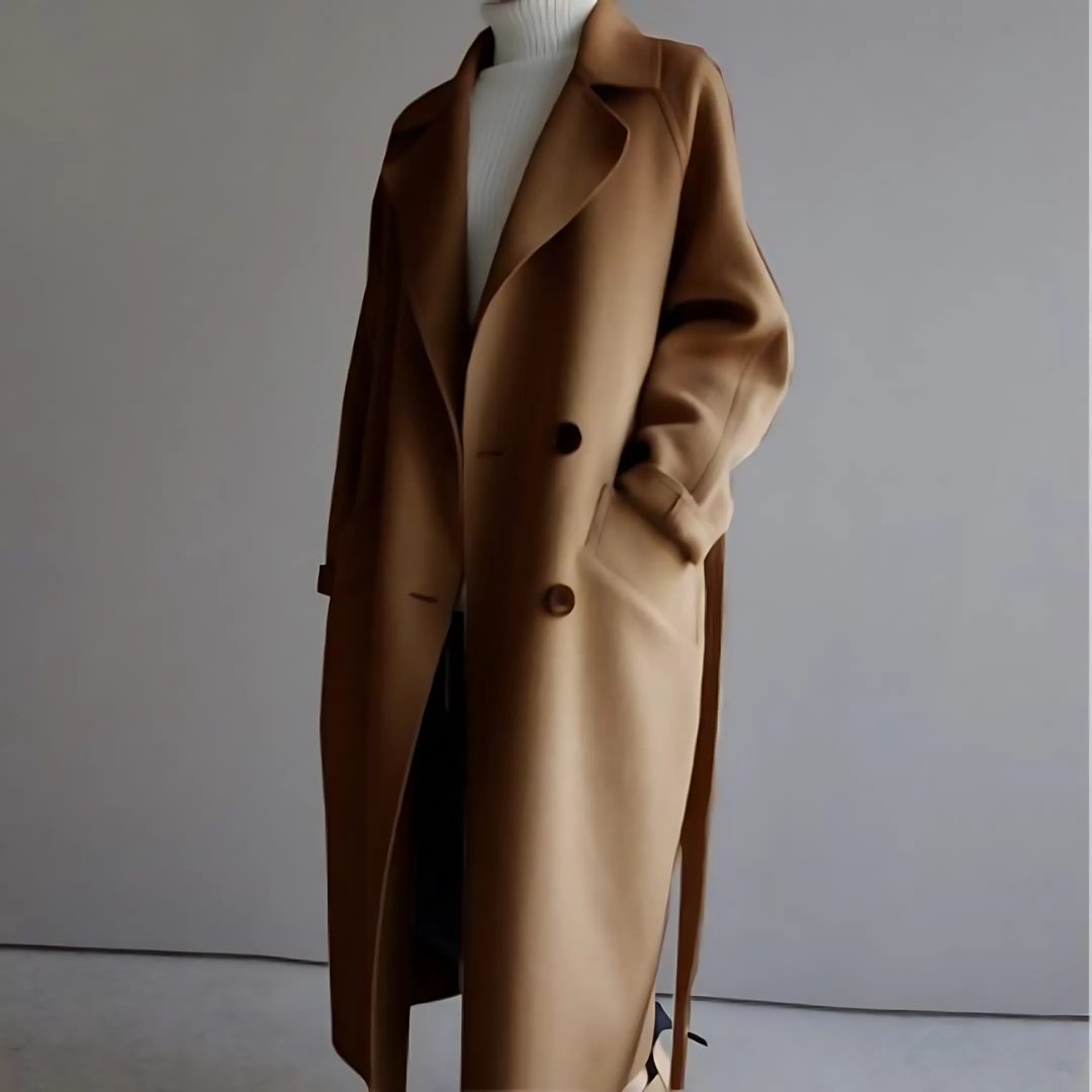 Eleganter brauner Wollmantel für Damen, knielang, mit Gürtel und großen Knöpfen, über weißem Rollkragenpullover. Ideal für Herbstmode.