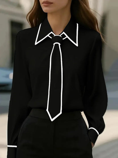 Damen Bluse mit Kontrastkrawatte und Knopfleiste