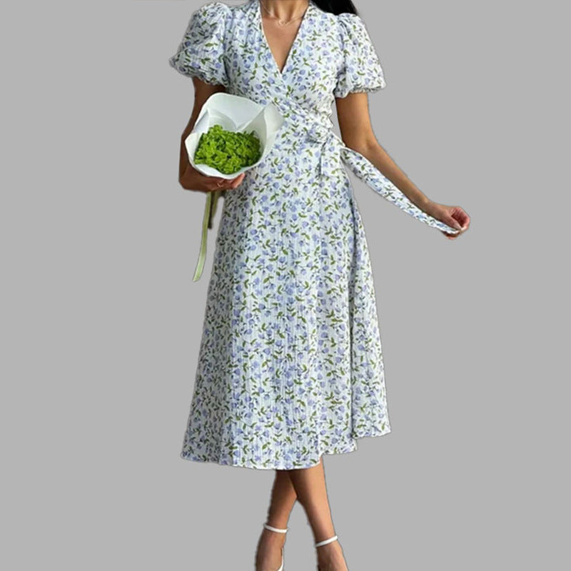 Sommerkleid Für Damen, Midi-Länge, Geblümt, V-Ausschnitt, Puffärmel, Hoher Bund