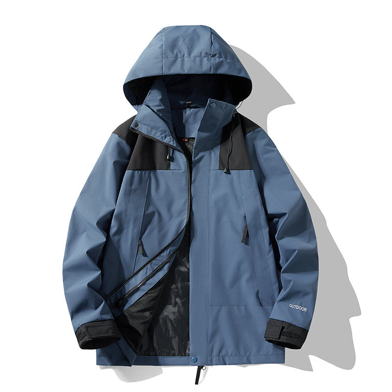 Blauer Outdoor-Windbreaker mit Kapuze, wasserdicht, atmungsaktiv, ideal für Wandern und Trekking. Funktionale Taschen, sportliches Design.