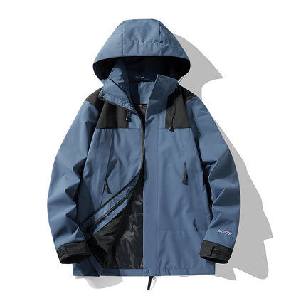 Blauer Outdoor-Windbreaker mit Kapuze, wasserdicht, atmungsaktiv, ideal für Wandern und Trekking. Funktionale Taschen, sportliches Design.
