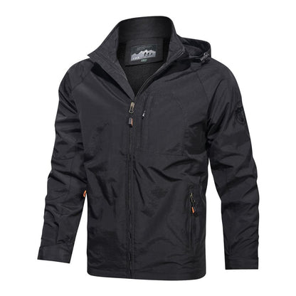 Men's hooded jacket with stand-up collar, zipper, thin version
