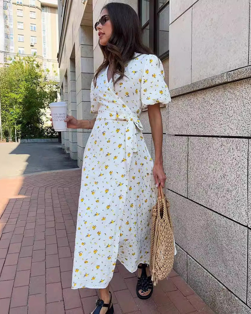 Sommerkleid Für Damen Mit V-Ausschnitt, Floralem Muster, Schnürung, Hoher Taille Und Kurzen Ärmeln