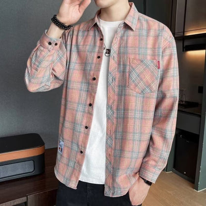 Long-sleeved checked men's shirt for spring with a slim fit