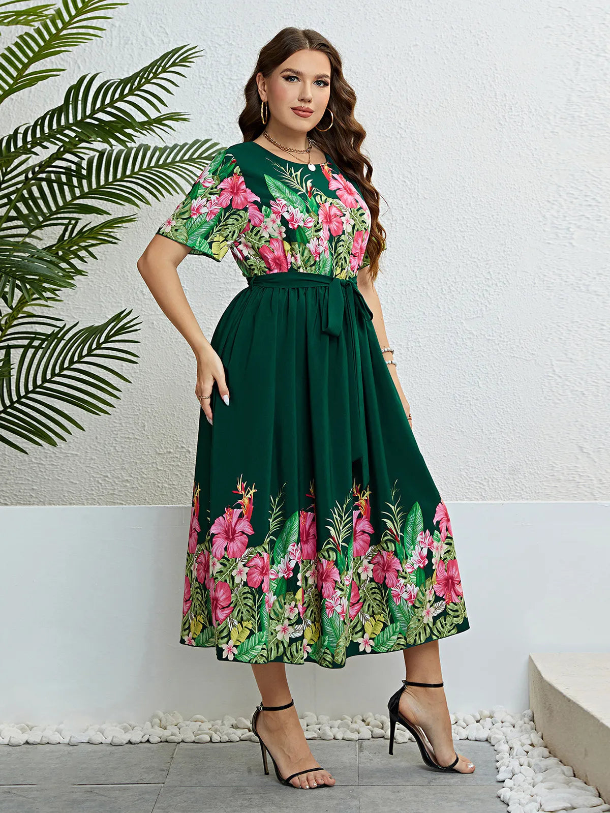 Damen Sommerkleid Grün mit Print, A-Linie und Schnürung – Rundhals Style