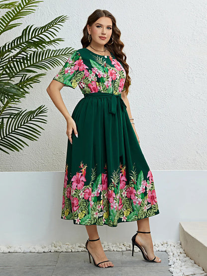 Damen Sommerkleid Grün mit Print, A-Linie und Schnürung – Rundhals Style