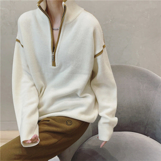 Damen Strickpullover mit Stehkragen, Reißverschluss und Streifen-Karo-Muster