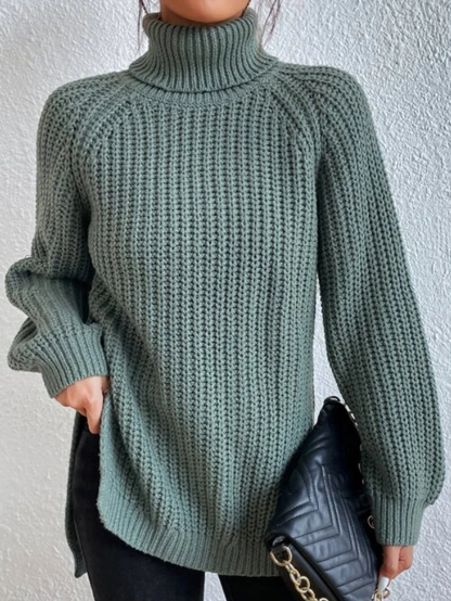 Women's Turtleneck Sweater with Raglan Sleeves and Slit Hem – Cotton Blend