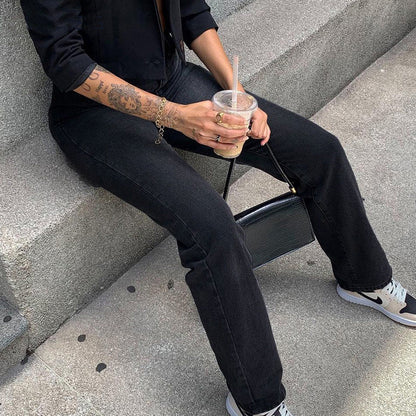 Damen-Jeans mit hohem Bund und geradem Bein, Schwarz – Baumwoll-Mix Stil