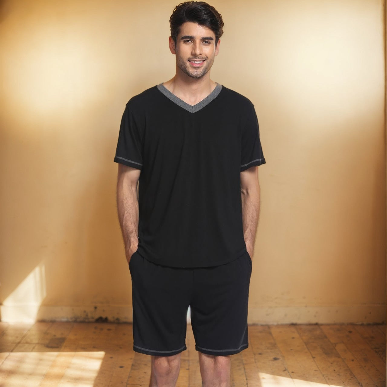 Herren Sommer Kurzarm Zweiteiler Shorts Set Aus Milchseide, Leicht, Verschiedene Farben